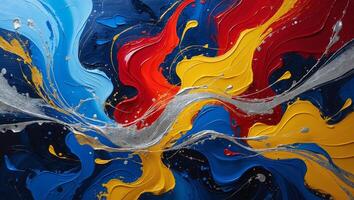 Vibrant abstract artwork featuring dynamic swirls of blue, red, yellow, and silver on a textured canvas photo