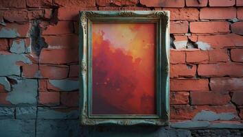 Colorful abstract artwork displayed in an ornate frame against a weathered red brick wall photo