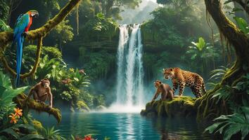 Vibrant jungle scene with waterfall and wildlife in a lush tropical forest during daytime photo