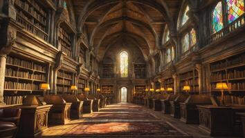 Majestic library filled with books and sunlight illuminating stained glass windows at midday photo