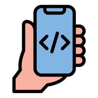 App Development Icon Mobile Software Creation in Flat Line Color Style. vector