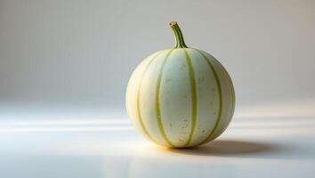 Unique round melon with pale skin and green stripes placed on a simple background under soft light photo