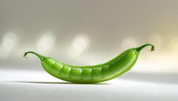 Fresh green pea pod glistening with dew on a soft surface, showcasing its natural beauty and freshness in a warm light photo