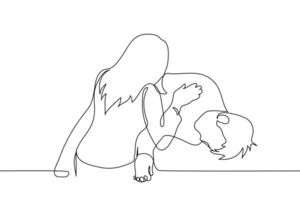man fainted or asleep, woman wakes him up - one line art . concept wake up, fainting, first aid vector