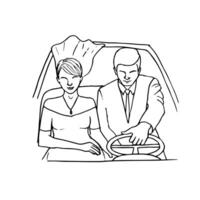 bride and groom riding in a convertible car - hand drawn line art drawing vector