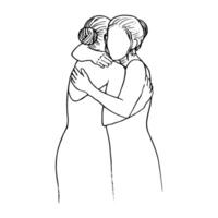 mother and bride hugging, portrait without face - hand drawn line art drawing vector