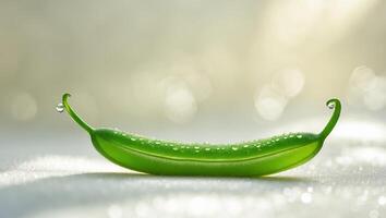 Fresh green pea pod glistening with droplets of water on a light background in a serene kitchen setting photo