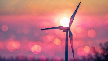 Sunset illuminates a wind turbine against a colorful sky with bokeh effects at a renewable energy site photo