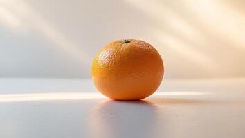 Brightly colored orange resting on a plain surface, illuminated by soft morning light in a calm setting photo