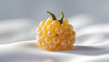 Unique yellow fruit resembling raspberry sits on soft fabric in bright light showcasing its texture and shape photo
