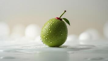 Fresh green olive with water droplets on a smooth surface ready for culinary applications photo