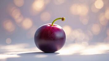 Fresh plum resting on a surface with a blurred background capturing soft lighting and a dreamy ambiance photo