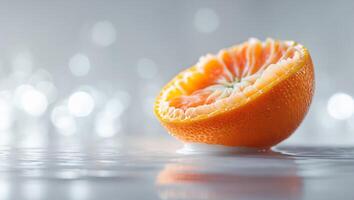 Freshly sliced orange half resting on a reflective surface with a soft bokeh background photo