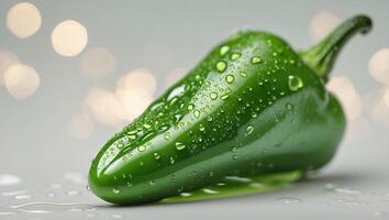 Fresh green jalapeno pepper with water droplets showcasing vibrant color and texture against a blurred background photo