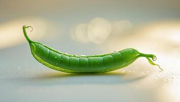 Fresh green pea pod with droplets resting on a flat surface under soft light during morning hours photo