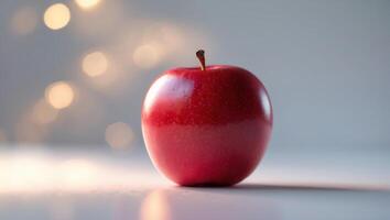 Bright red apple resting on a smooth surface with soft bokeh lights in the background during a cozy setting photo