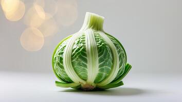 Unique close-up of a green vegetable showcasing intricate leaf patterns on a neutral background with soft lighting photo