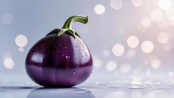 Beautiful purple eggplant with droplets resting on a smooth surface, against a soft bokeh background in gentle light photo
