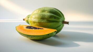 Fresh green papaya and a slice revealing bright orange flesh on a smooth surface under soft light photo