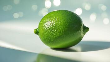 Fresh lime placed on a reflective surface with a blurred background creating a vibrant and refreshing ambiance photo