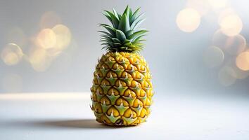 Bright pineapple stands on a clean surface with blurred lights in the background creating a vibrant contrast photo