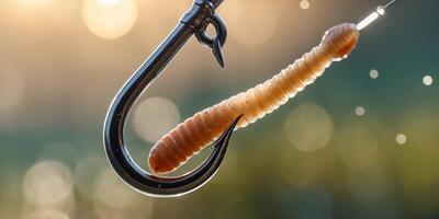 Close-up of a fishing hook with a bait worm hanging in the sunlight at a serene lakeside setting photo
