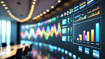 Data visualization displays trends and analytics in a modern office environment during a business meeting photo