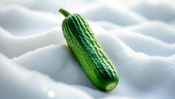 Fresh cucumber resting on soft white surface with subtle texture in bright lighting photo