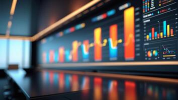 Data analytics dashboard displays colorful metrics in a modern office during daytime photo