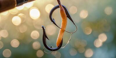 Detailed close-up of fishing hooks with bait hanging against a blurred natural background in soft sunlight photo