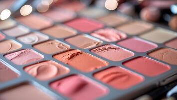 Diverse array of lip colors displayed on a makeup palette showcasing soft hues and textures in a beauty setting photo