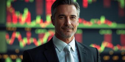 Successful finance professional stands confidently in front of stock market data displays during a business day in an office setting photo