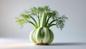 Fresh fennel bulb with vibrant green fronds displayed on a clean surface, showcasing its unique shape and texture at midday photo