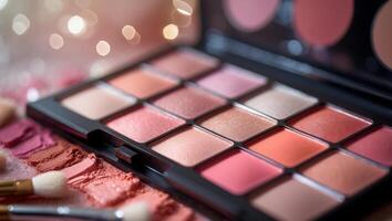 Variety of vibrant lip and cheek colors arranged in a makeup palette with brushes and swatches on a sparkling surface photo