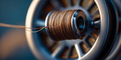 Close up of a spool of brown thread on a sewing machine during a creative project in a well-lit workspace photo