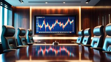 Boardroom meeting with financial chart displayed on screen in modern office setting during daylight hours photo