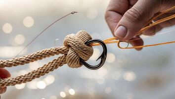 Skilled hands tie a secure knot using rope and a ring under natural sunlight by the water's edge photo