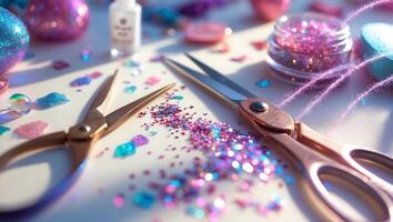 Crafting with glitter and scissors in a vibrant workspace filled with colorful decorations and supplies photo