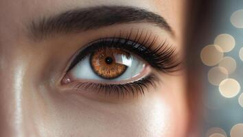 Close-up of a woman's eye showcasing striking amber color and long eyelashes against a blurred background of soft lights photo