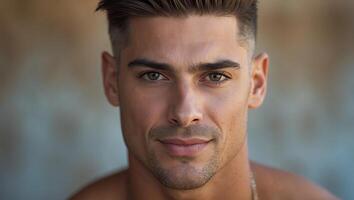 Portrait of a confident young man with striking features and a charming smile in a natural setting photo