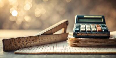 Tools for calculation and measurement are arranged on a wooden desk during warm morning light photo