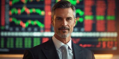 Confident businessman stands before stock market data display in a modern office setting during working hours photo
