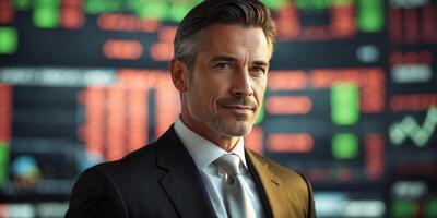Confident businessman standing in front of stock market data with charts and figures displayed photo