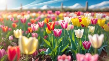 Vibrant tulip field in spring with mountains in the background under a clear blue sky photo