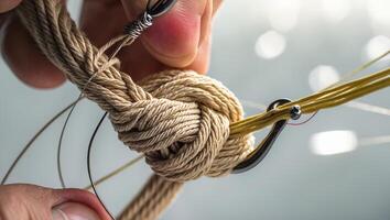 Expert angler demonstrating knot tying skills with fishing line and hook at a serene water location photo