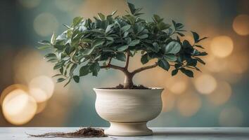 Decorative bonsai tree in a textured pot with blurred background and soft lighting enhancing its beauty and tranquility photo