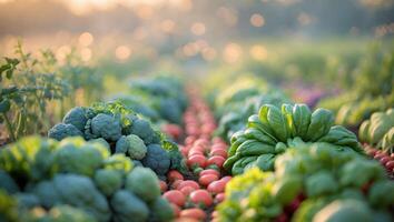 Vibrant vegetable harvest at sunset in a flourishing field with broccoli and tomatoes photo