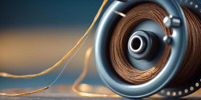 Detailed close-up of a fishing reel with brown line ready for use in a serene environment photo