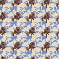 Twigs and leaves seamless pattern.Endless botanical ornament.Beige silhouettes of branches, orange flower with linear outline on blue background. vector