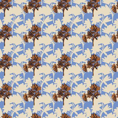 Twigs and leaves seamless pattern.Endless botanical ornament.Beige silhouettes of branches, orange flower with linear outline on blue background.